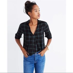 NWT Madewell faux wrap-front green and black plaid blouse